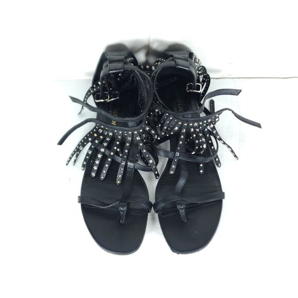 Saint Laurent Women's US8,5 EU39 Black Leather Studded Fringe Gladiator Sandals - Picture 5 of 16
